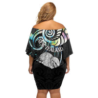 New Zealand Kiwi Bird Off Shoulder Short Dress Silver Fern Koru Paua Shell