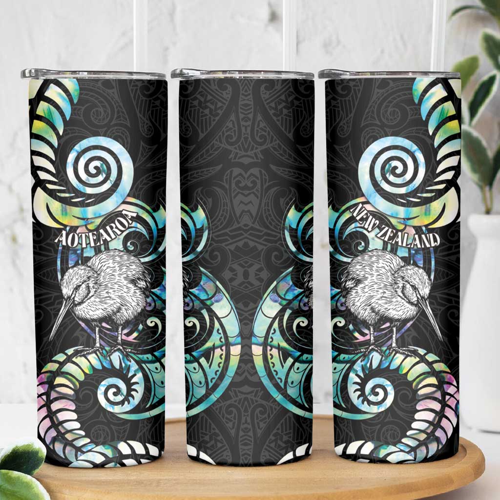 New Zealand Kiwi Bird Skinny Tumbler Silver Fern Koru Paua Shell