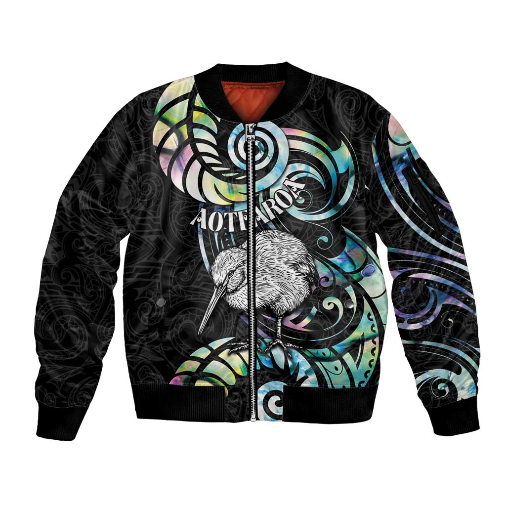 New Zealand Kiwi Bird Sleeve Zip Bomber Jacket Silver Fern Koru Paua Shell