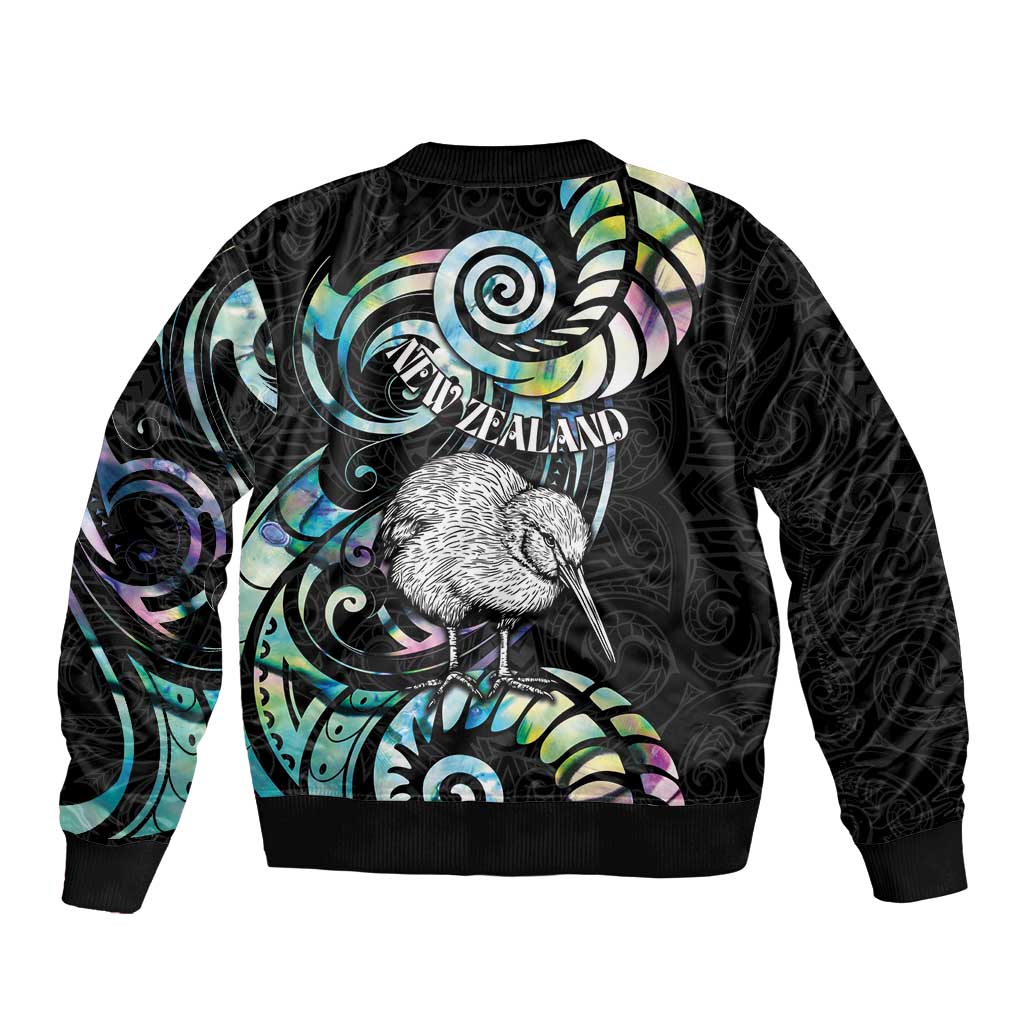 New Zealand Kiwi Bird Sleeve Zip Bomber Jacket Silver Fern Koru Paua Shell
