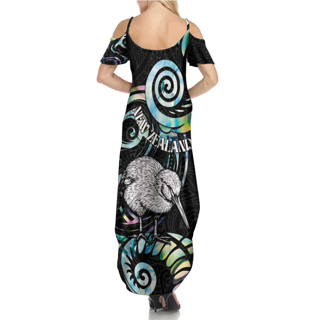 New Zealand Kiwi Bird Summer Maxi Dress Silver Fern Koru Paua Shell