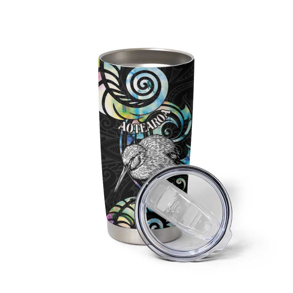 New Zealand Kiwi Bird Tumbler Cup Silver Fern Koru Paua Shell