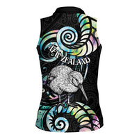 New Zealand Kiwi Bird Women Sleeveless Polo Shirt Silver Fern Koru Paua Shell