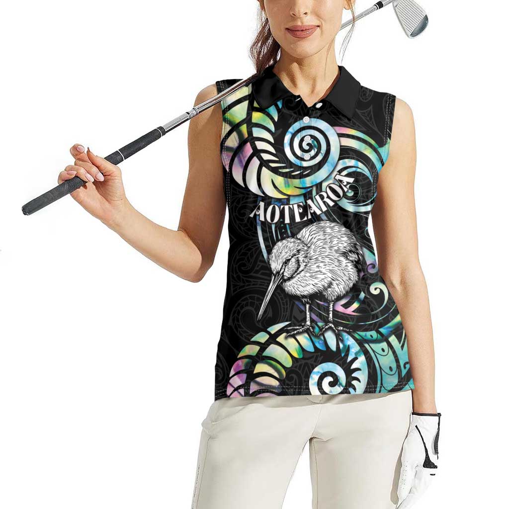 New Zealand Kiwi Bird Women Sleeveless Polo Shirt Silver Fern Koru Paua Shell