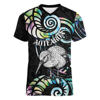 New Zealand Kiwi Bird Women V-Neck T-Shirt Silver Fern Koru Paua Shell