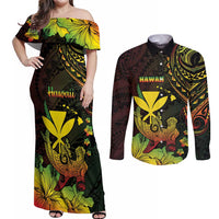 Personalised Hawaii Couples Matching Off Shoulder Maxi Dress and Long Sleeve Button Shirt Kanaka Maoli With Hammerhead Shark