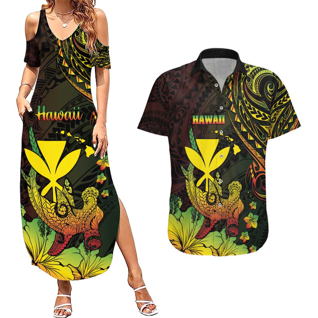 Personalised Hawaii Couples Matching Summer Maxi Dress and Hawaiian Shirt Kanaka Maoli With Hammerhead Shark
