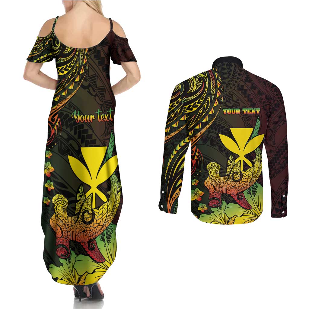 Personalised Hawaii Couples Matching Summer Maxi Dress and Long Sleeve Button Shirt Kanaka Maoli With Hammerhead Shark