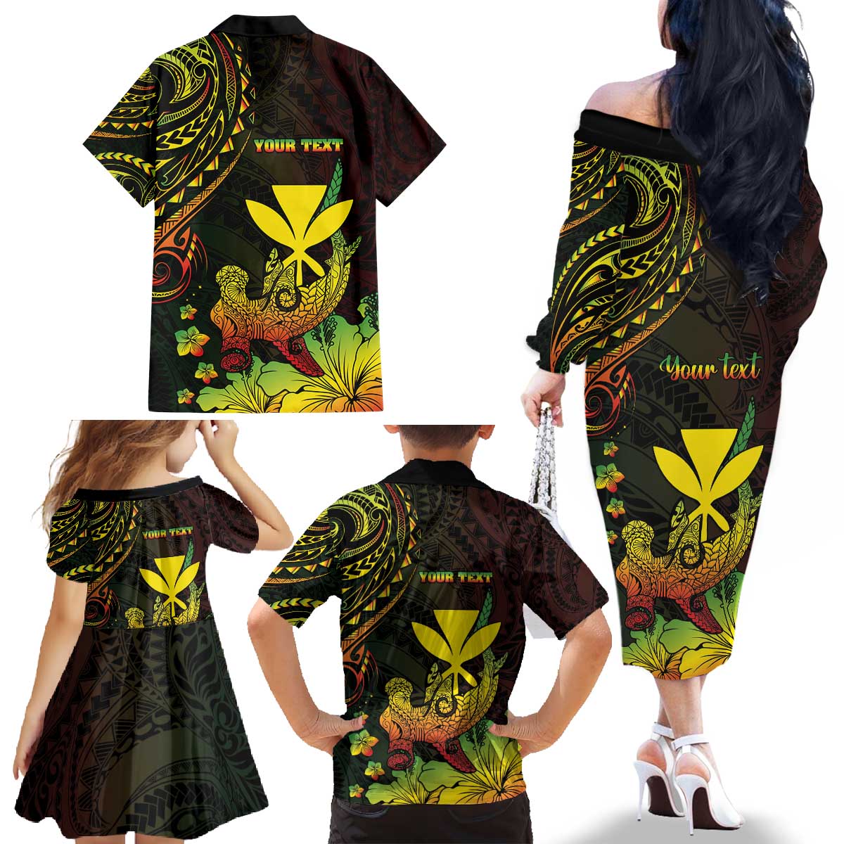 Personalised Hawaii Family Matching Off The Shoulder Long Sleeve Dress and Hawaiian Shirt Kanaka Maoli With Hammerhead Shark