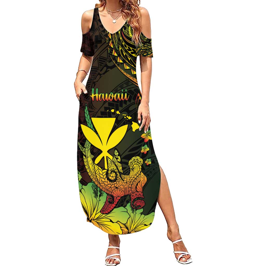 Personalised Hawaii Family Matching Summer Maxi Dress and Hawaiian Shirt Kanaka Maoli With Hammerhead Shark