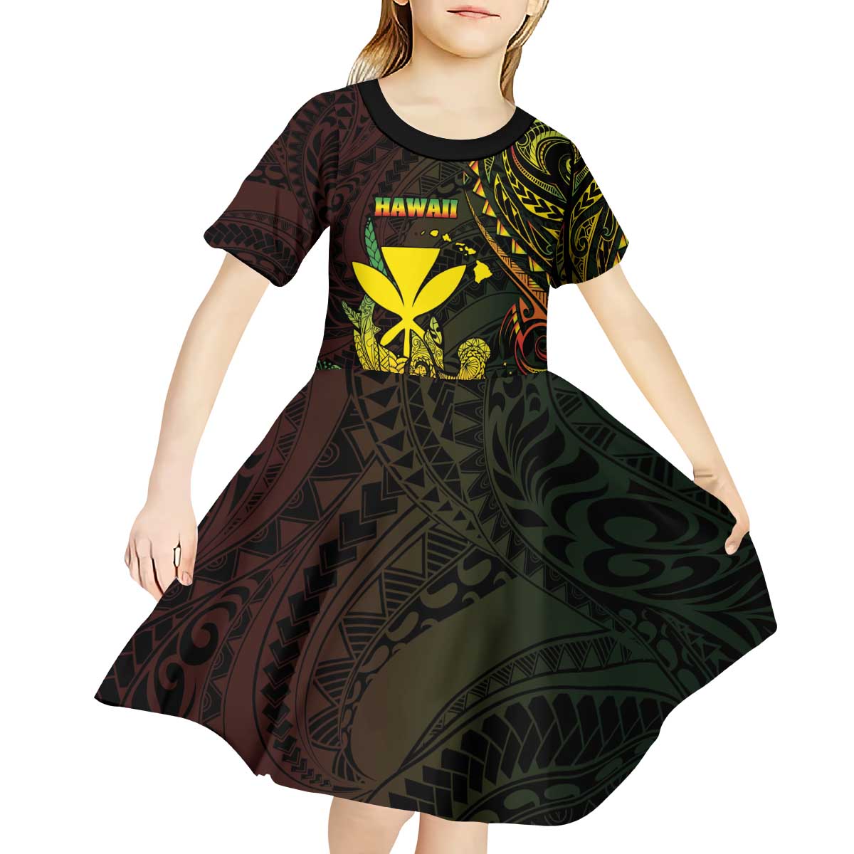 Personalised Hawaii Kid Short Sleeve Dress Kanaka Maoli With Hammerhead Shark