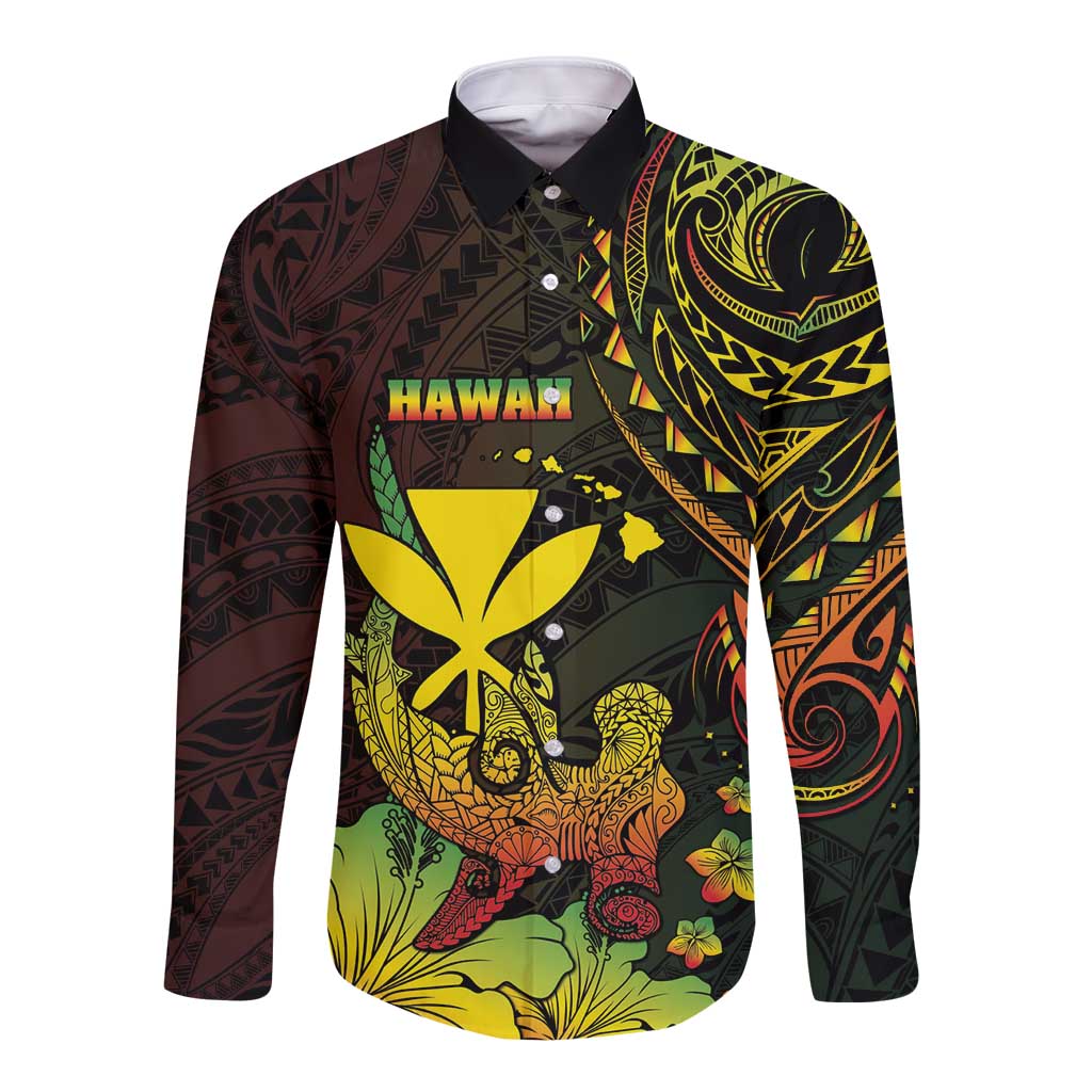 Personalised Hawaii Long Sleeve Button Shirt Kanaka Maoli With Hammerhead Shark