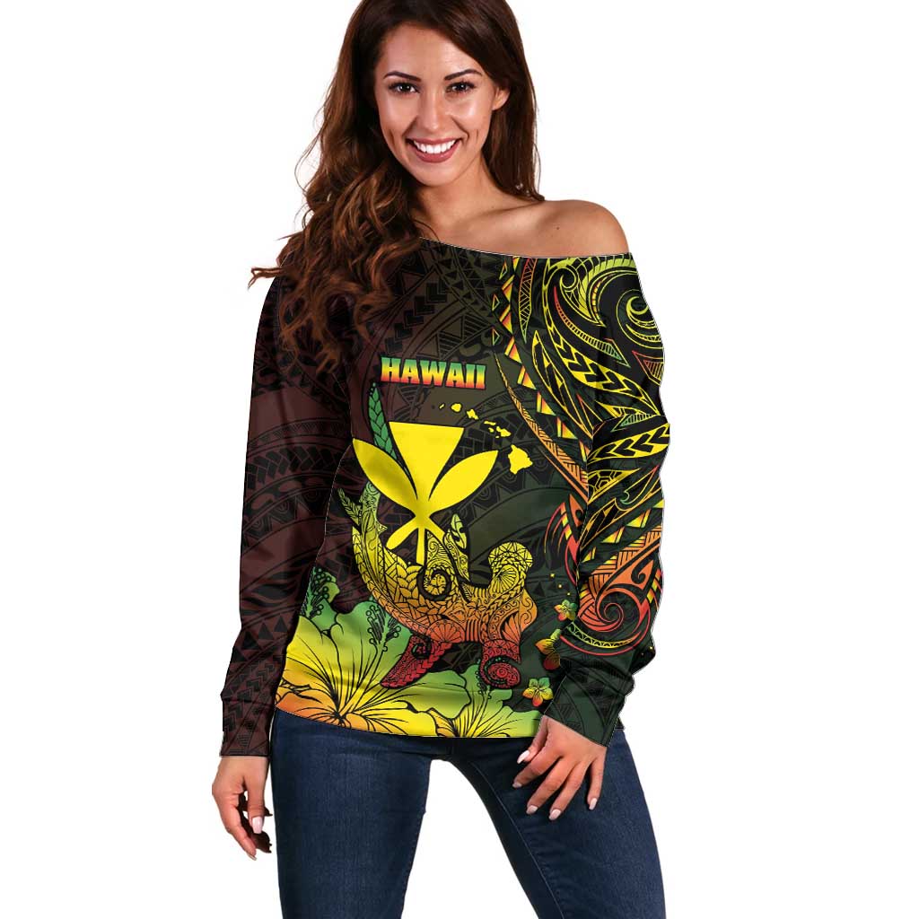 Personalised Hawaii Off Shoulder Sweater Kanaka Maoli With Hammerhead Shark