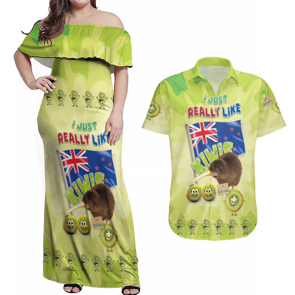 New Zealand Kiwi Couples Matching Off Shoulder Maxi Dress and Hawaiian Shirt I Just Really Like Kiwis DT04 Green - Polynesian Pride