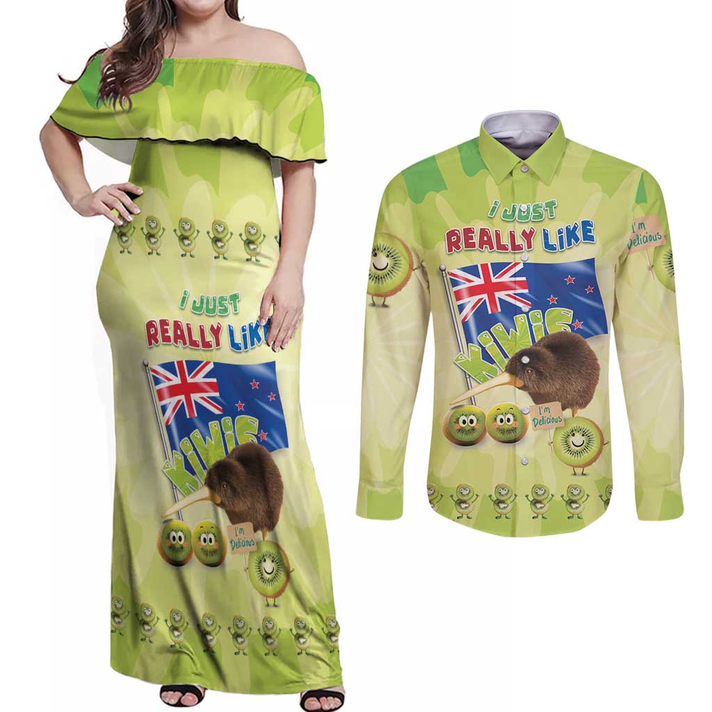 New Zealand Kiwi Couples Matching Off Shoulder Maxi Dress and Long Sleeve Button Shirt I Just Really Like Kiwis