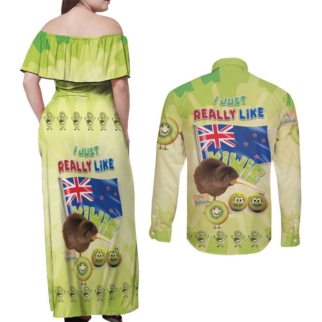 New Zealand Kiwi Couples Matching Off Shoulder Maxi Dress and Long Sleeve Button Shirt I Just Really Like Kiwis