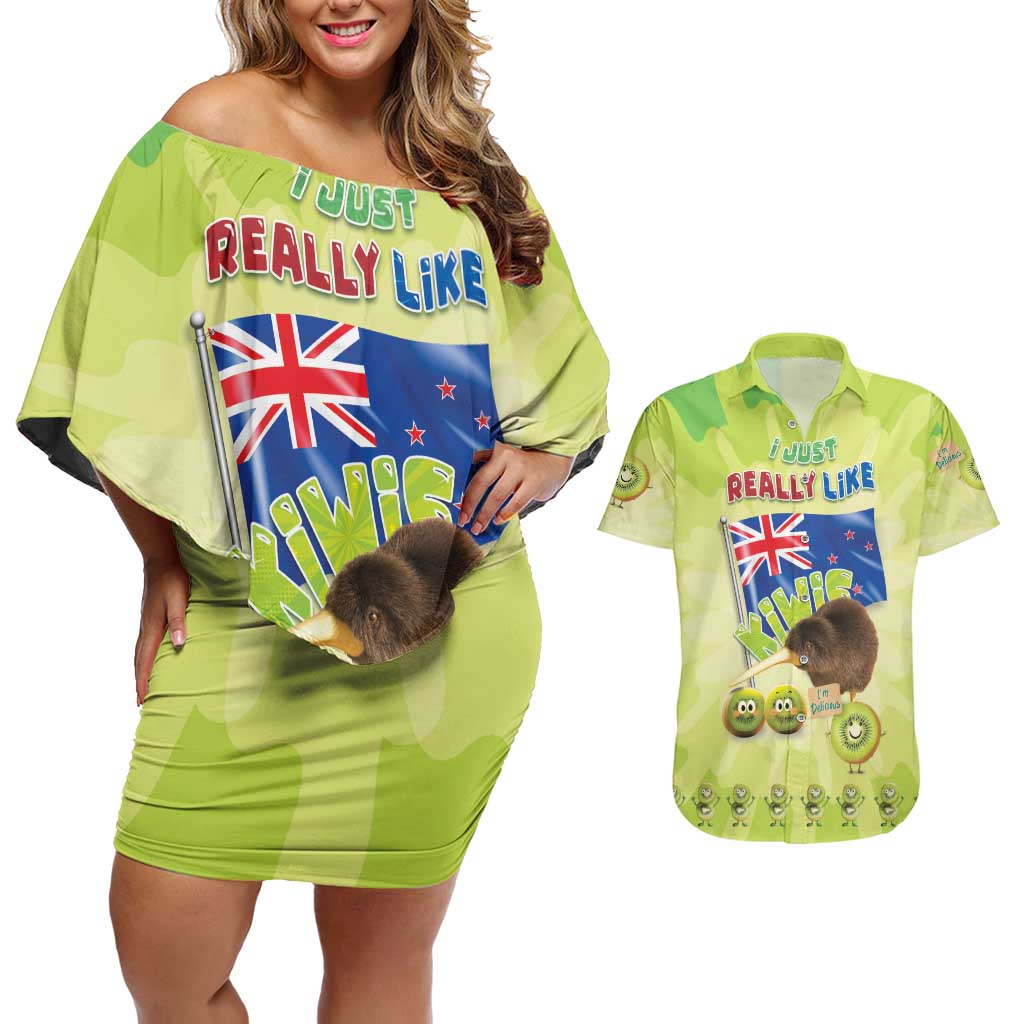 New Zealand Kiwi Couples Matching Off Shoulder Short Dress and Hawaiian Shirt I Just Really Like Kiwis DT04 Green - Polynesian Pride