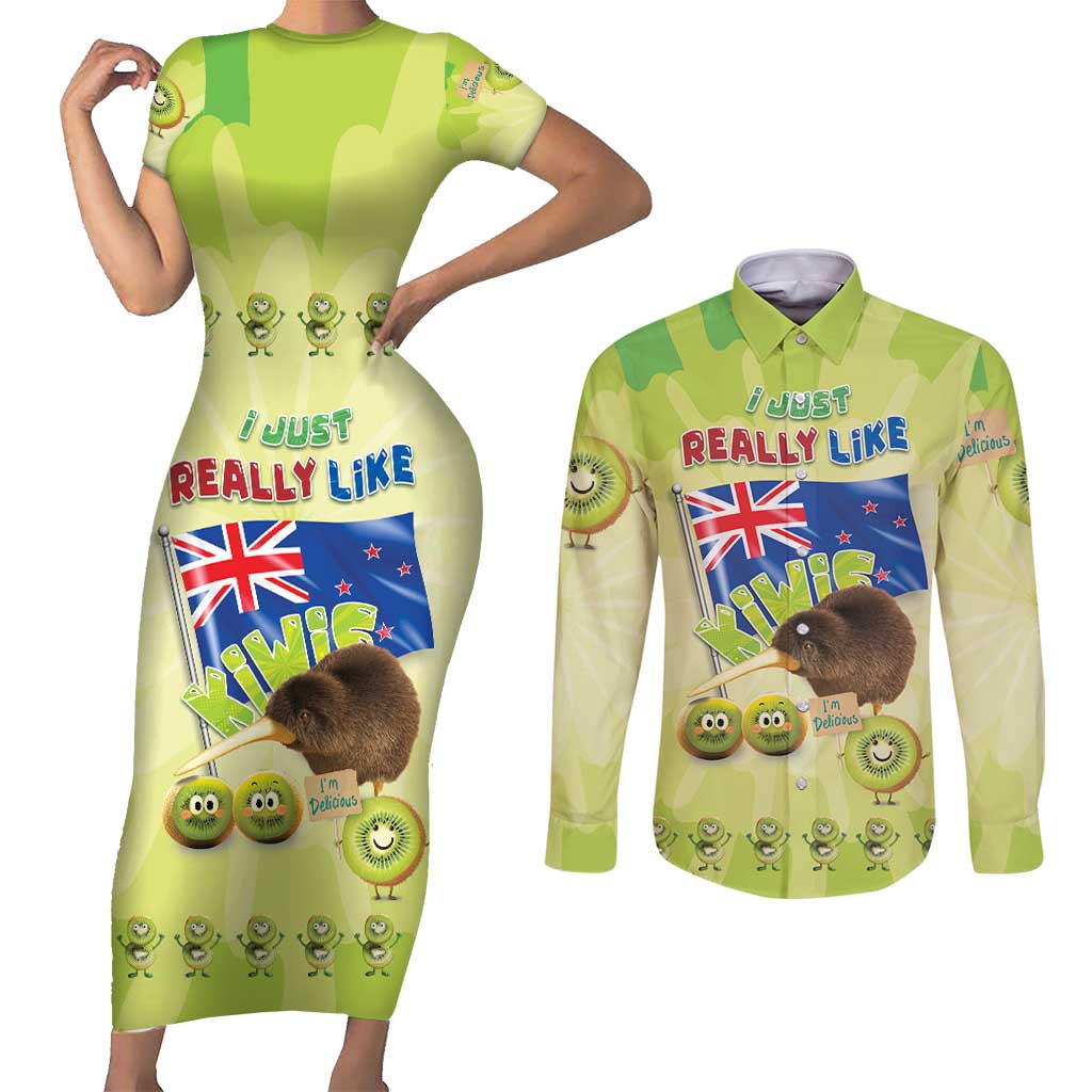 New Zealand Kiwi Couples Matching Short Sleeve Bodycon Dress and Long Sleeve Button Shirt I Just Really Like Kiwis DT04 Green - Polynesian Pride