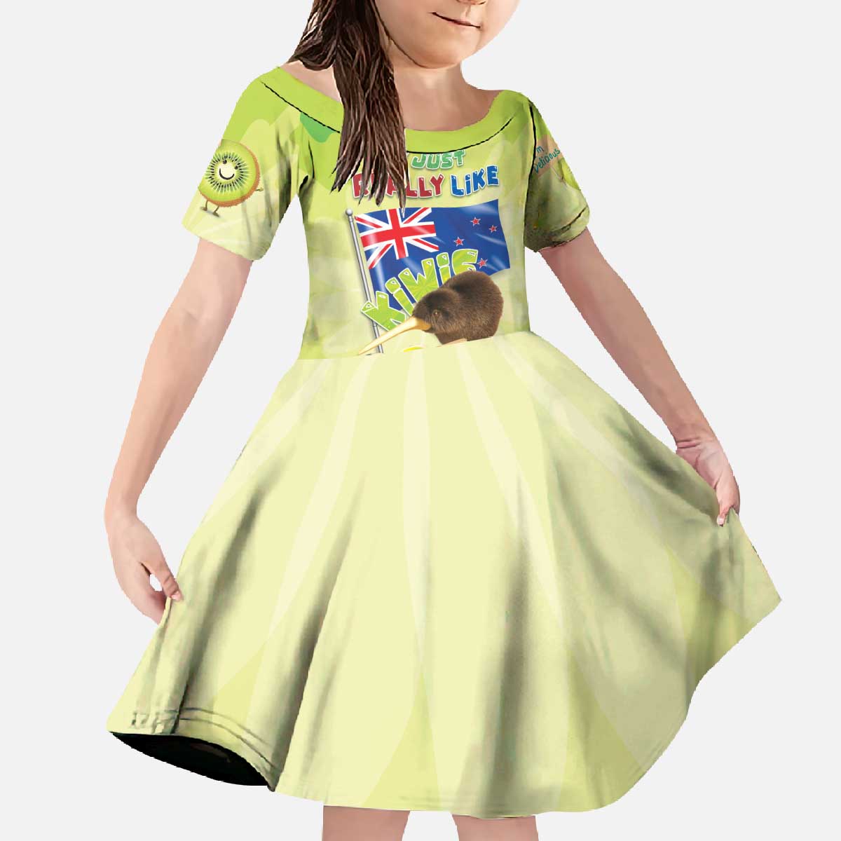 New Zealand Kiwi Family Matching Off The Shoulder Long Sleeve Dress and Hawaiian Shirt I Just Really Like Kiwis DT04 Daughter's Dress Green - Polynesian Pride