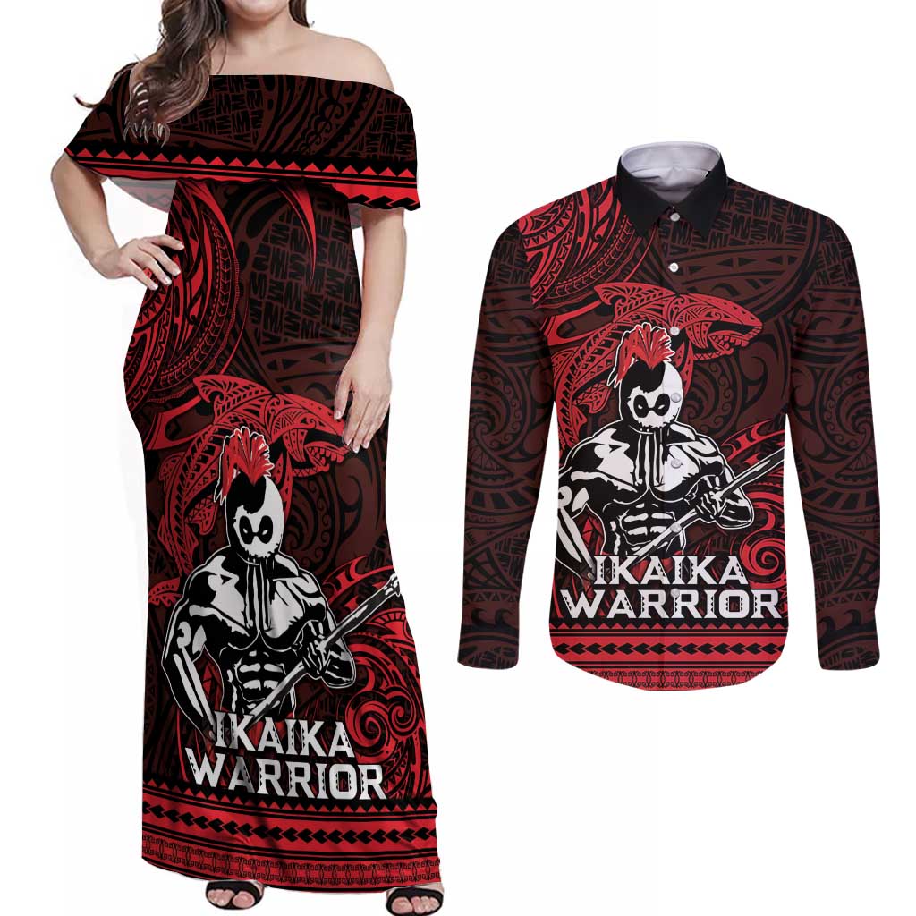 Hawaii Ikaika Warrior Couples Matching Off Shoulder Maxi Dress and Long Sleeve Button Shirt Hawaiian Tribal Tattoo