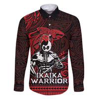 Hawaii Ikaika Warrior Family Matching Off Shoulder Short Dress and Hawaiian Shirt Hawaiian Tribal Tattoo DT04 Dad's Shirt - Long Sleeve Red - Polynesian Pride