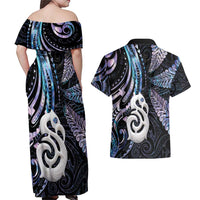 New Zealand Aotearoa Couples Matching Off Shoulder Maxi Dress and Hawaiian Shirt Maori Hei Manaia Purple Paua Shell DT04 - Polynesian Pride