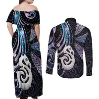 New Zealand Aotearoa Couples Matching Off Shoulder Maxi Dress and Long Sleeve Button Shirt Maori Hei Manaia Purple Paua Shell DT04 - Polynesian Pride