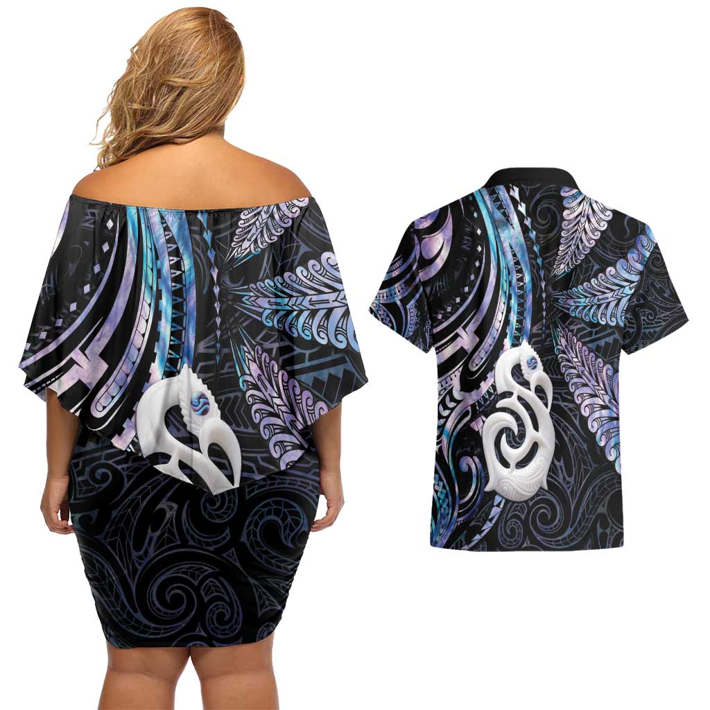 New Zealand Aotearoa Couples Matching Off Shoulder Short Dress and Hawaiian Shirt Maori Hei Manaia Purple Paua Shell DT04 - Polynesian Pride