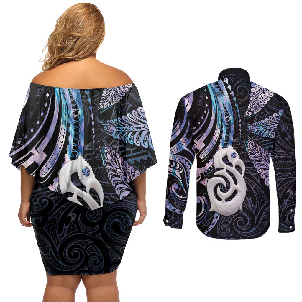 New Zealand Aotearoa Couples Matching Off Shoulder Short Dress and Long Sleeve Button Shirt Maori Hei Manaia Purple Paua Shell DT04 - Polynesian Pride