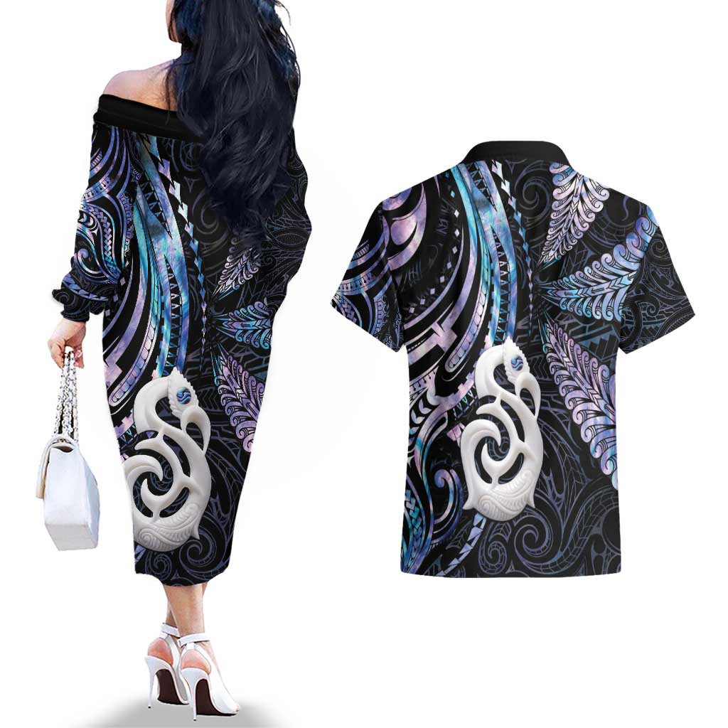 New Zealand Aotearoa Couples Matching Off The Shoulder Long Sleeve Dress and Hawaiian Shirt Maori Hei Manaia Purple Paua Shell DT04 - Polynesian Pride