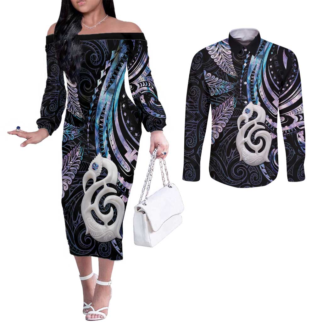 New Zealand Aotearoa Couples Matching Off The Shoulder Long Sleeve Dress and Long Sleeve Button Shirt Maori Hei Manaia Purple Paua Shell DT04 Purple - Polynesian Pride