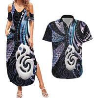 New Zealand Aotearoa Couples Matching Summer Maxi Dress and Hawaiian Shirt Maori Hei Manaia Purple Paua Shell DT04 Purple - Polynesian Pride