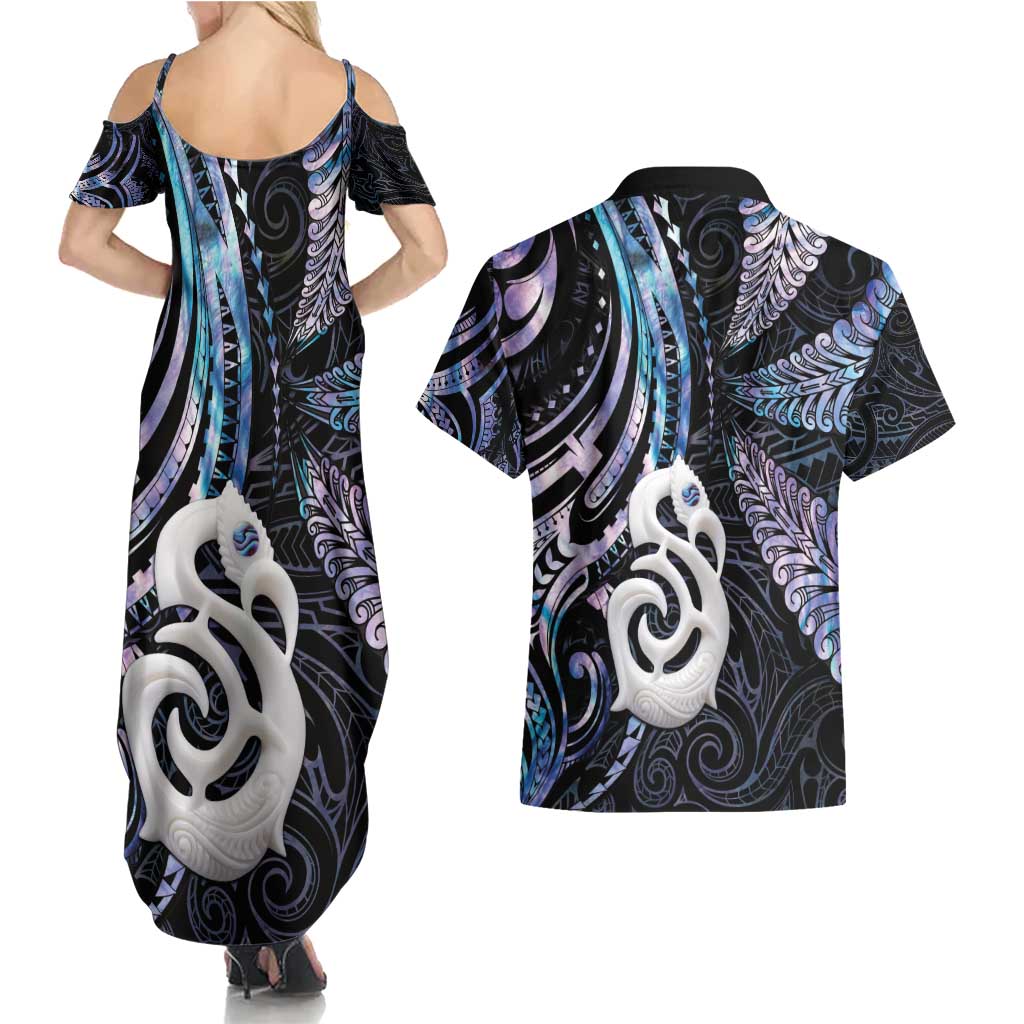 New Zealand Aotearoa Couples Matching Summer Maxi Dress and Hawaiian Shirt Maori Hei Manaia Purple Paua Shell DT04 - Polynesian Pride