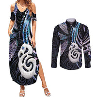 New Zealand Aotearoa Couples Matching Summer Maxi Dress and Long Sleeve Button Shirt Maori Hei Manaia Purple Paua Shell DT04 Purple - Polynesian Pride