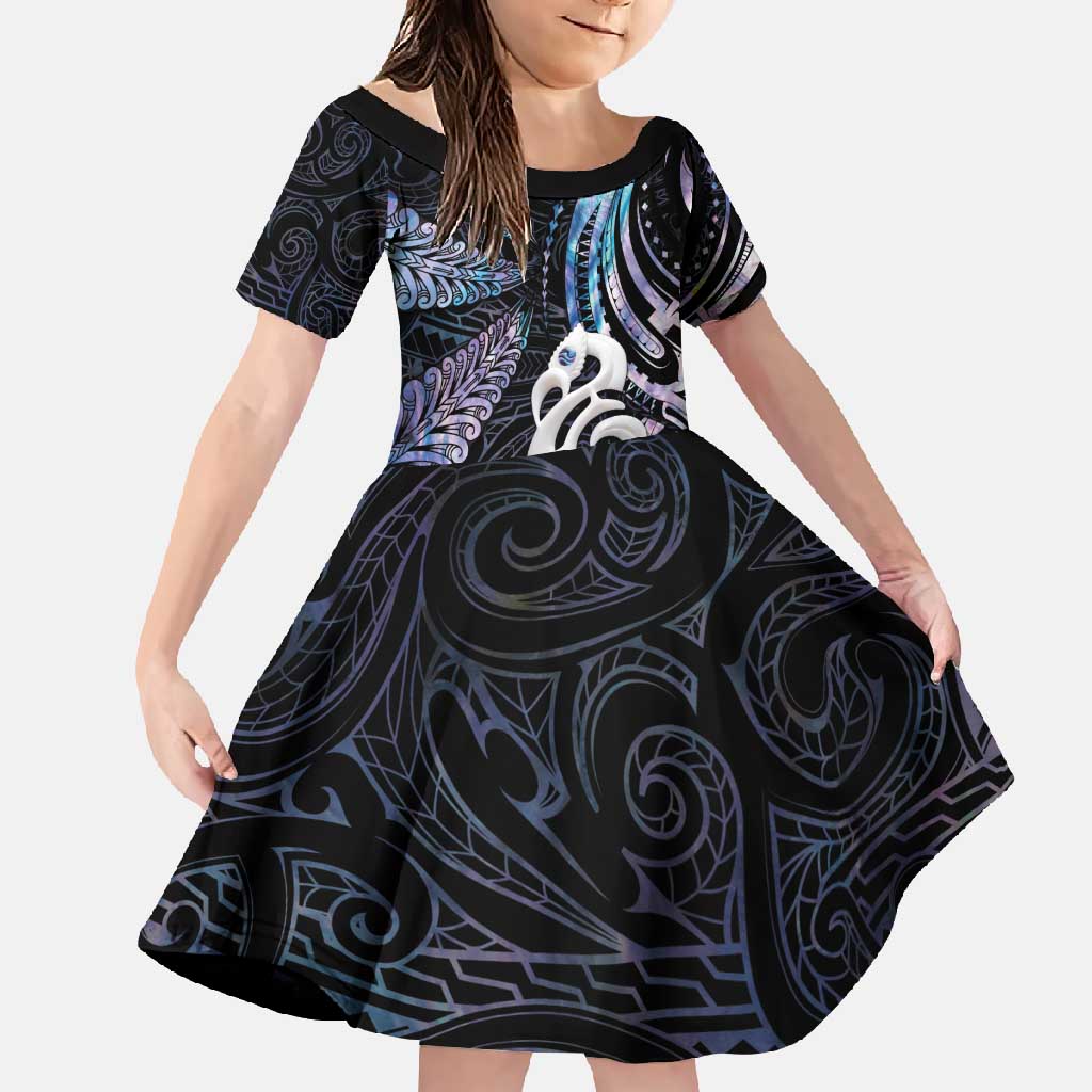 New Zealand Aotearoa Family Matching Mermaid Dress and Hawaiian Shirt Maori Hei Manaia Purple Paua Shell DT04 Daughter's Dress Purple - Polynesian Pride