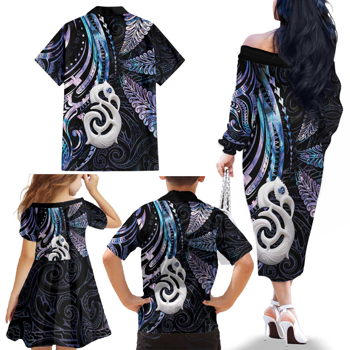 New Zealand Aotearoa Family Matching Off The Shoulder Long Sleeve Dress and Hawaiian Shirt Maori Hei Manaia Purple Paua Shell DT04 - Polynesian Pride