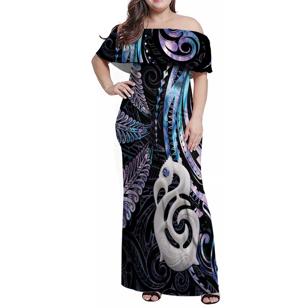 New Zealand Aotearoa Family Matching Off Shoulder Maxi Dress and Hawaiian Shirt Maori Hei Manaia Purple Paua Shell