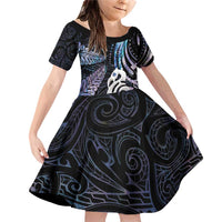 New Zealand Aotearoa Family Matching Off Shoulder Short Dress and Hawaiian Shirt Maori Hei Manaia Purple Paua Shell DT04 Daughter's Dress Purple - Polynesian Pride