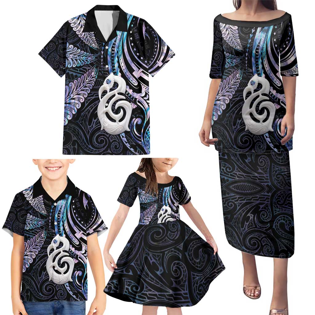 New Zealand Aotearoa Family Matching Puletasi and Hawaiian Shirt Maori Hei Manaia Purple Paua Shell DT04 - Polynesian Pride