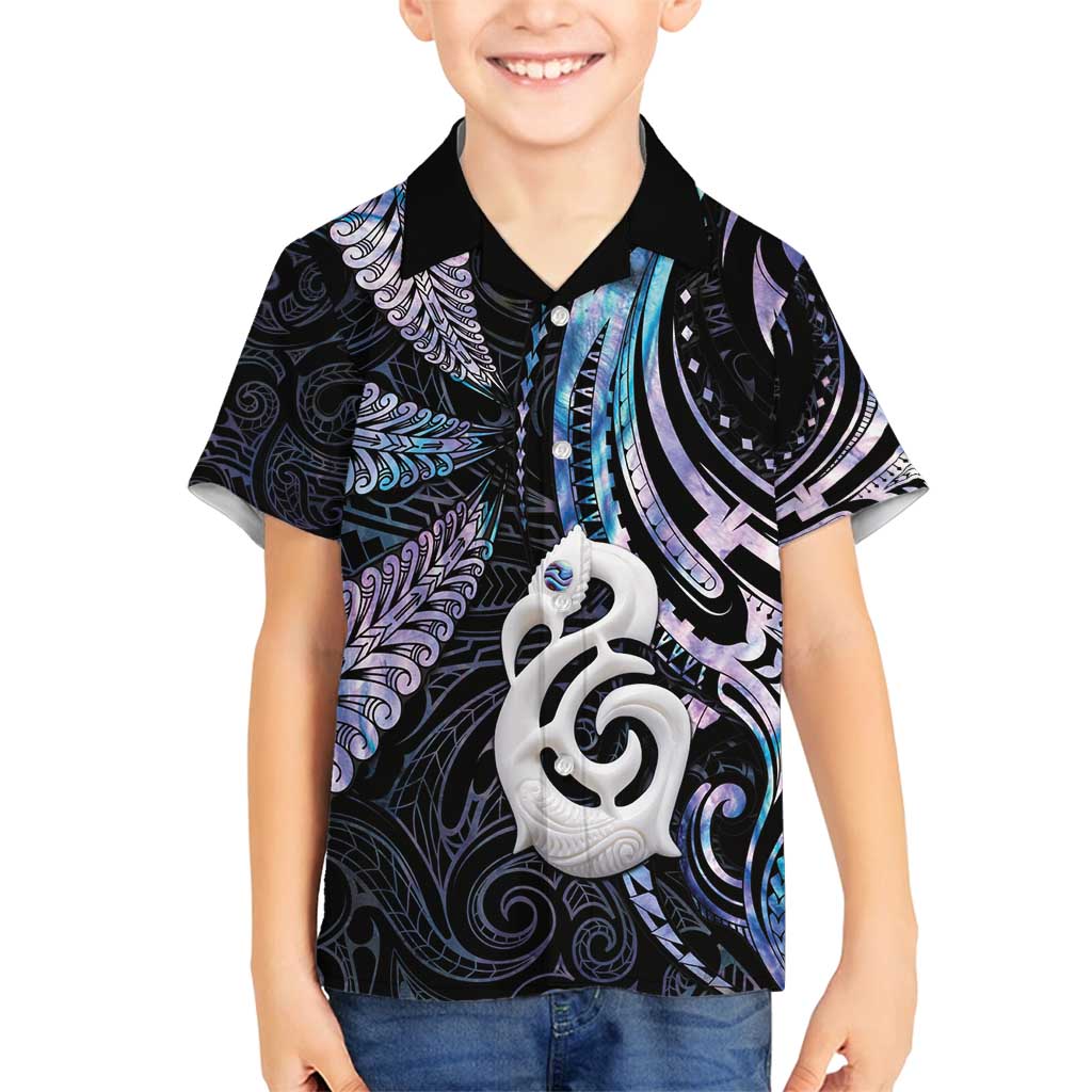 New Zealand Aotearoa Family Matching Puletasi and Hawaiian Shirt Maori Hei Manaia Purple Paua Shell DT04 Son's Shirt Purple - Polynesian Pride
