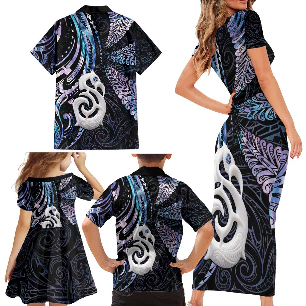 New Zealand Aotearoa Family Matching Short Sleeve Bodycon Dress and Hawaiian Shirt Maori Hei Manaia Purple Paua Shell DT04 - Polynesian Pride