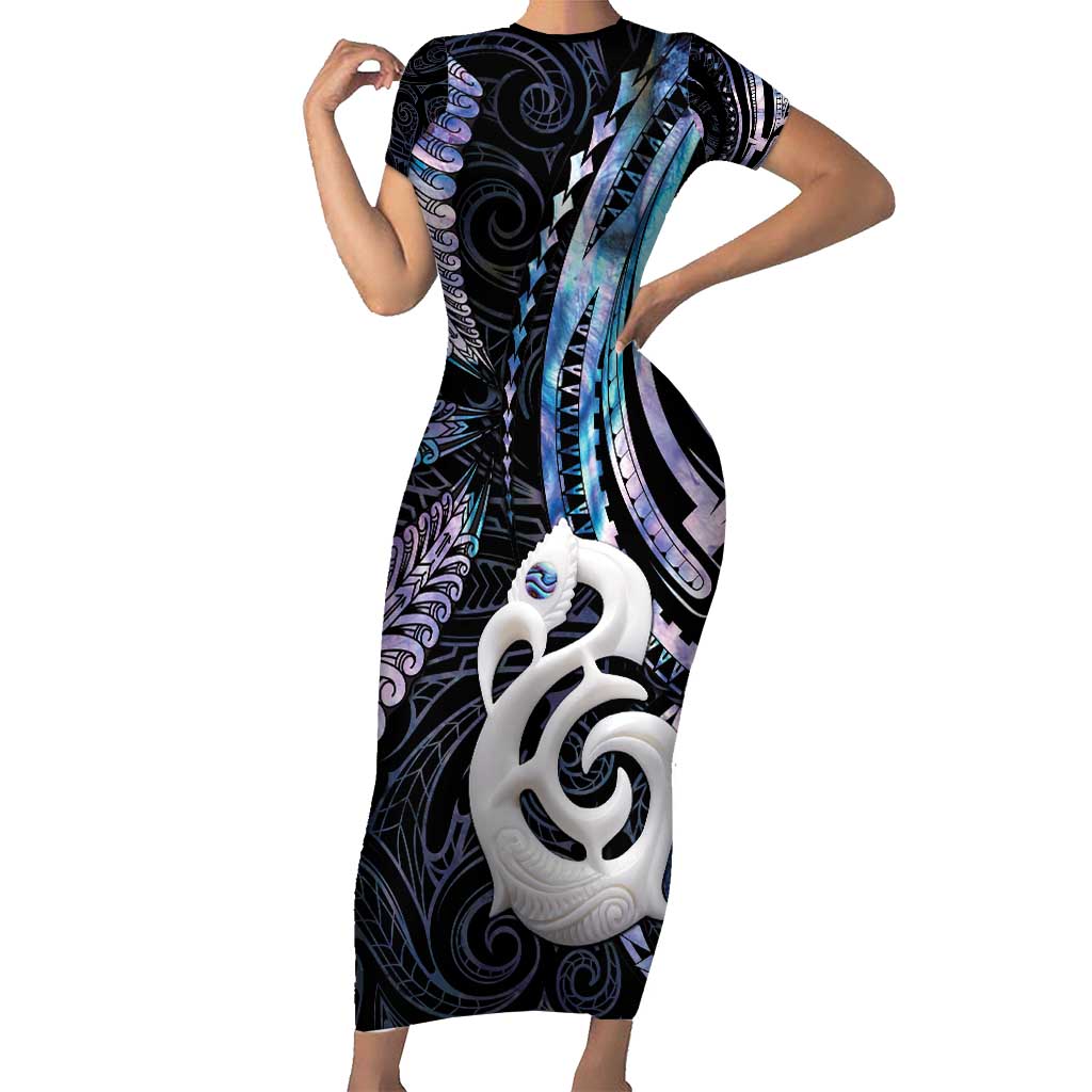 New Zealand Aotearoa Family Matching Short Sleeve Bodycon Dress and Hawaiian Shirt Maori Hei Manaia Purple Paua Shell DT04 Mom's Dress Purple - Polynesian Pride