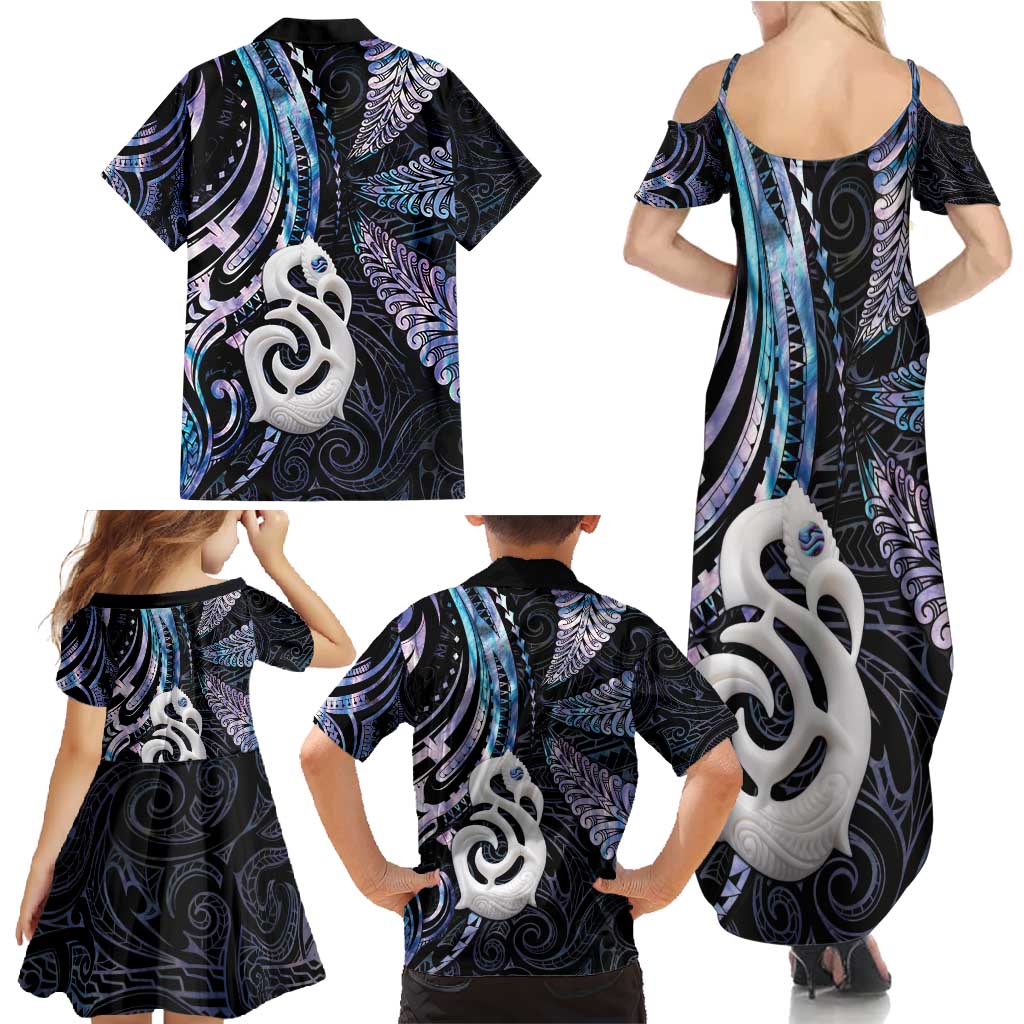 New Zealand Aotearoa Family Matching Summer Maxi Dress and Hawaiian Shirt Maori Hei Manaia Purple Paua Shell