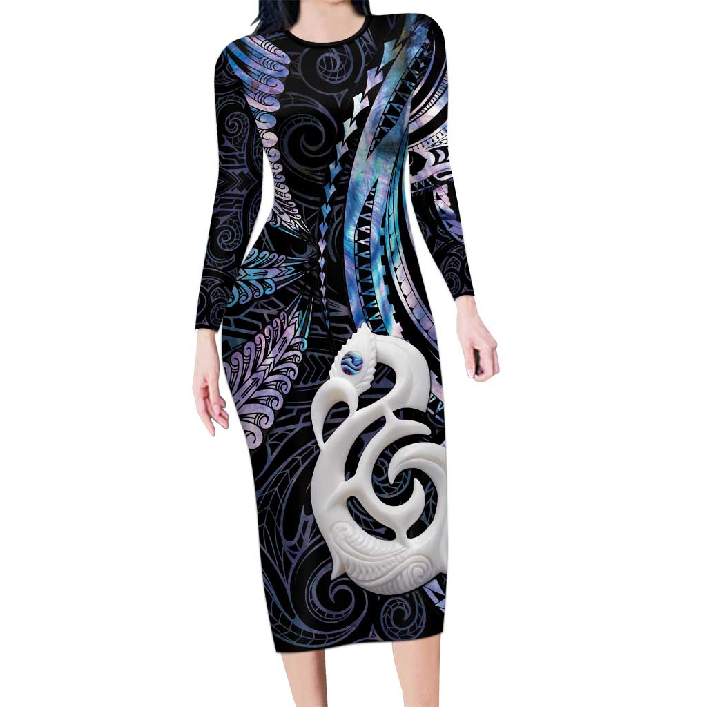New Zealand Aotearoa Long Sleeve Bodycon Dress Maori Hei Manaia Purple Paua Shell DT04 Long Dress Purple - Polynesian Pride