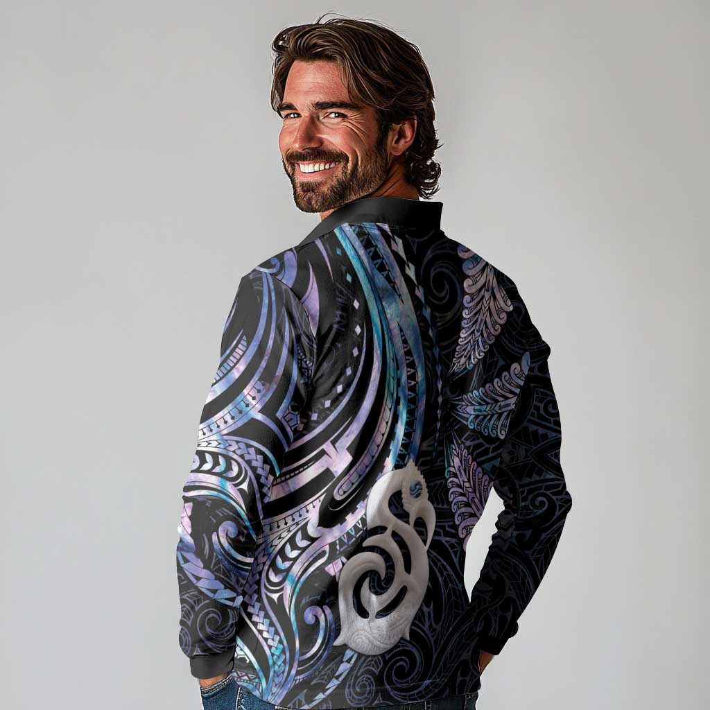 New Zealand Aotearoa Long Sleeve Polo Shirt Maori Hei Manaia Purple Paua Shell