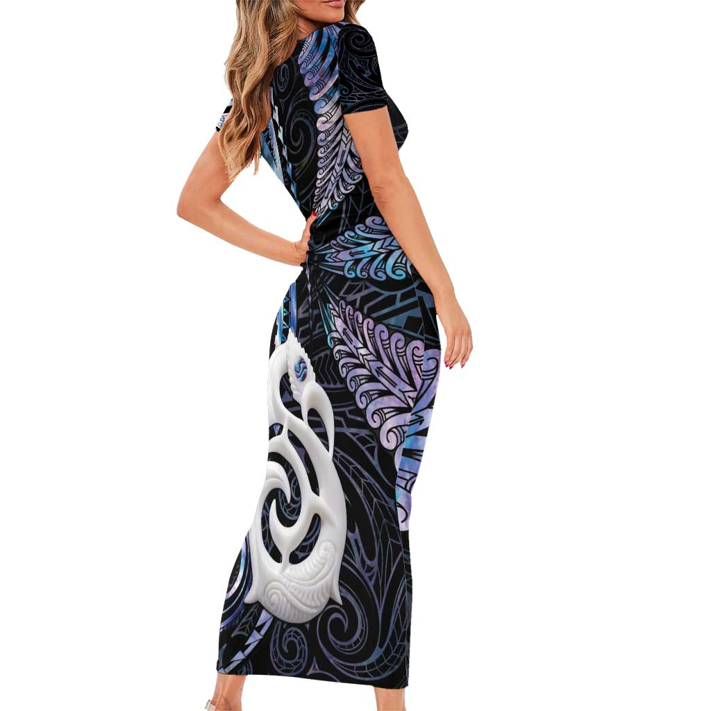 New Zealand Aotearoa Short Sleeve Bodycon Dress Maori Hei Manaia Purple Paua Shell DT04 - Polynesian Pride