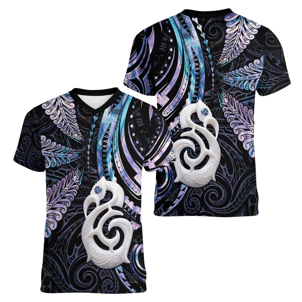 New Zealand Aotearoa Women V-Neck T-Shirt Maori Hei Manaia Purple Paua Shell DT04 - Polynesian Pride