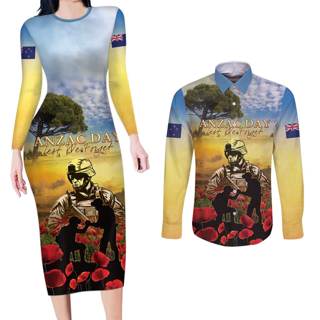 New Zealand ANZAC Day Couples Matching Long Sleeve Bodycon Dress and Long Sleeve Button Shirt The Ode Remembrance And Poppy