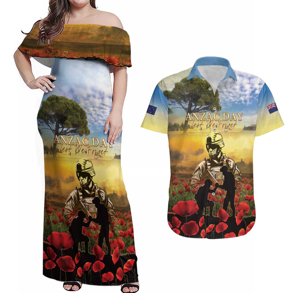 New Zealand ANZAC Day Couples Matching Off Shoulder Maxi Dress and Hawaiian Shirt The Ode Remembrance And Poppy DT04 Yellow - Polynesian Pride