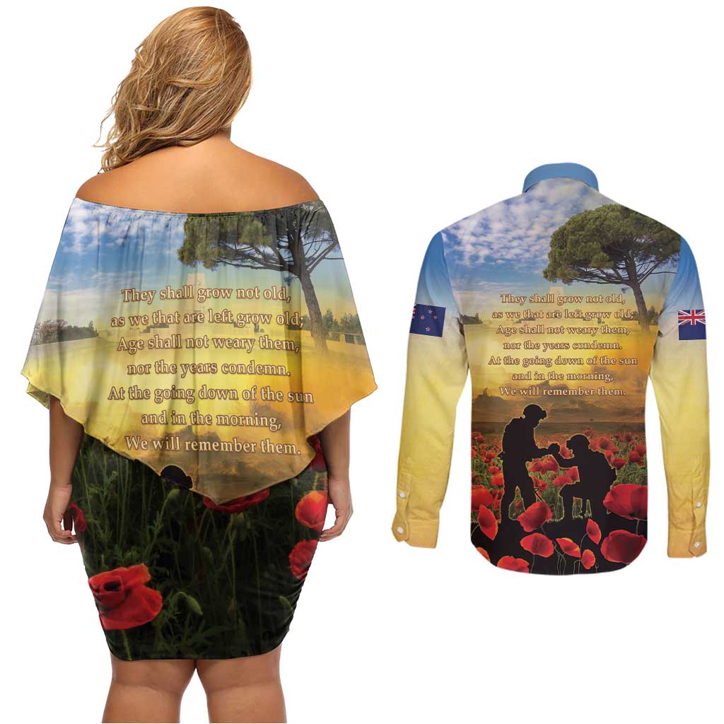 New Zealand ANZAC Day Couples Matching Off Shoulder Short Dress and Long Sleeve Button Shirt The Ode Remembrance And Poppy